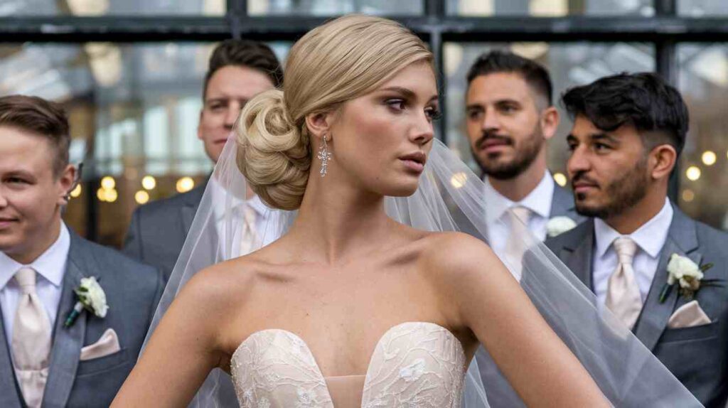 Textured Low Bun with Veil Bride in strapless lace gown with sleek side part and low voluminous chignon, veil flowing, posed with groomsmen in gray suits.