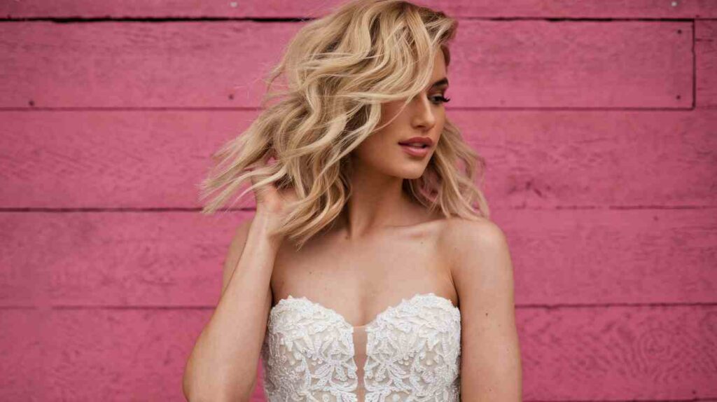 Tousled Lob with Waves Bride in strapless lace gown with tousled wavy lob and sweeping side fringe, posing against a bright pink wooden wall backdrop.
