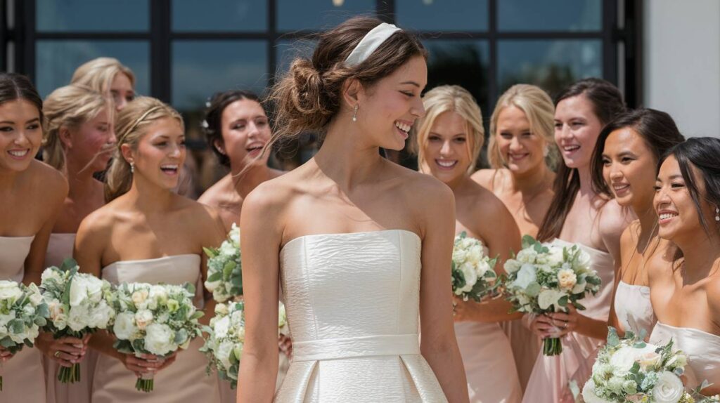 Undone Bun with Headband Bridal hairstyle featuring an undone bun paired with a classic headband, creating a relaxed and slightly messy vibe, while surrounded by bridesmaids in soft pink dresses holding white floral bouquets