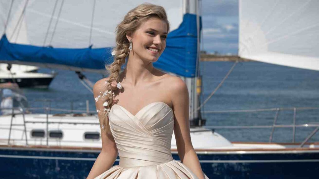 Undone Side Braid with Florals Bride in a strapless champagne ballgown with an undone side braid adorned with small flowers, smiling beside sailboats at a sunny marina