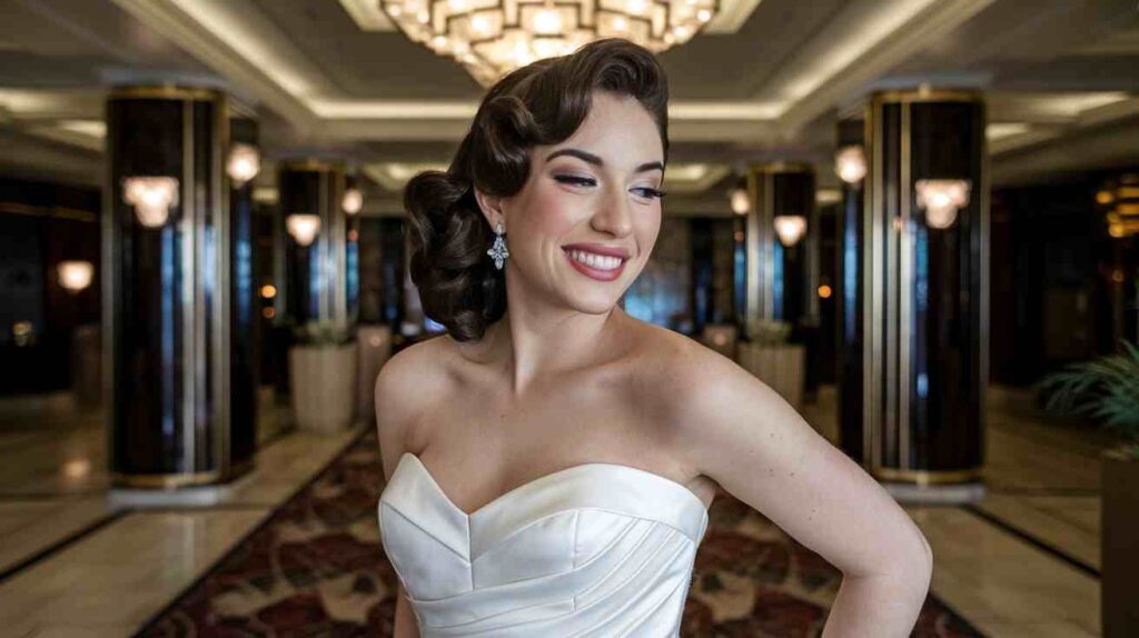Vintage Hollywood Waves Bride in a strapless wedding dress with Vintage Hollywood Waves, deep side part, sculpted S waves, timeless red carpet glamour