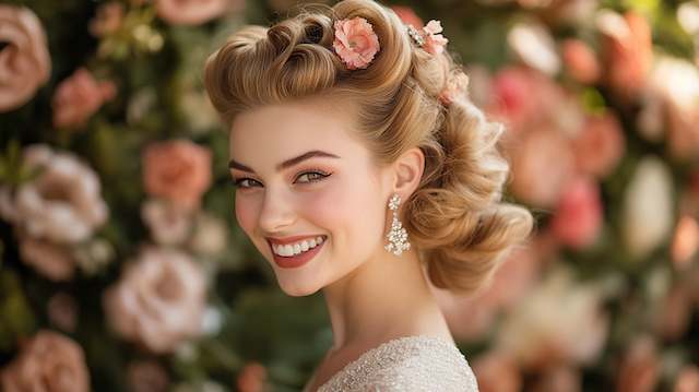 Bride with glamorous vintage hairstyle featuring soft sculpted curls and blush floral hair pins, wearing crystal drop earrings and classic makeup against romantic rose backdrop