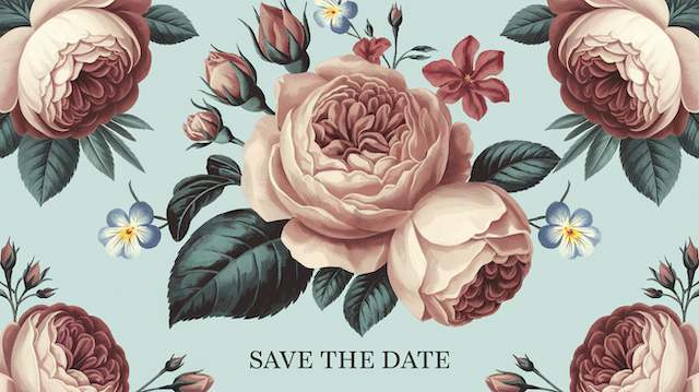 Vintage floral save-the-date card featuring blush and dusty rose garden blooms, green leaves, and delicate blue and red accent flowers on a soft pastel background with “Save the Date” text below