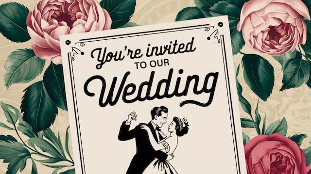 Vintage style wedding invitation design with retro typography and illustrated couple dancing, surrounded by large pink garden roses and leafy botanical background for a classic romantic wedding look