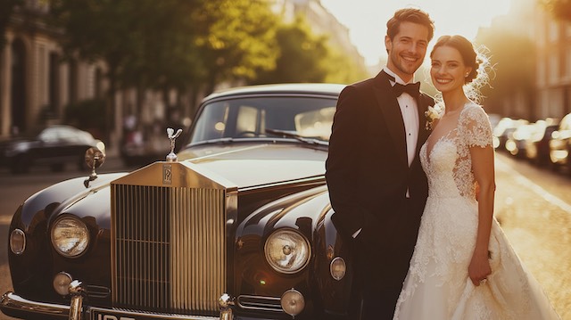 Timeless Vintage Wedding Ideas to Inspire Your Big Day 20 Bride and groom standing beside a classic vintage car on a sunlit street, her lace wedding gown and his black tux adding timeless elegance to their romantic moment