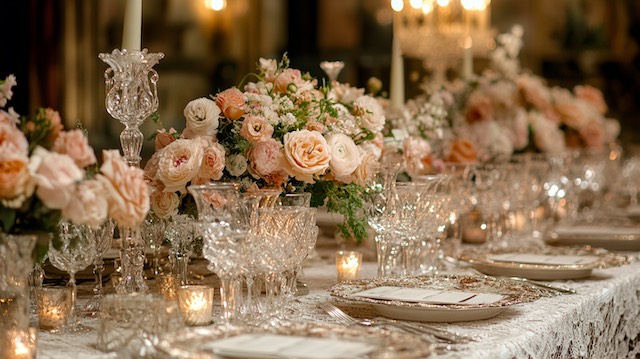 Elegant vintage wedding tablescape with crystal glassware, lace tablecloth, taper candles, and lush blush and ivory rose centerpieces glowing by candlelight.

