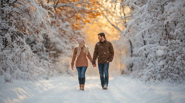 23 Picture-Perfect Winter Engagement Photo Ideas For Memorable Magic 22 Engaged couple hold hands on a snow covered forest path at golden hour, wearing knit beanie and jacket as gentle snow falls in warm evening glow.