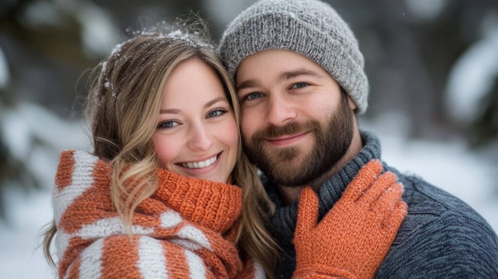 Winter Engagement Photo with Scarves and Mittens Close-Up Smiling engaged couple in knit beanies cuddle close as snow falls her orange striped sweater and gloves pop against a soft winter backdrop.