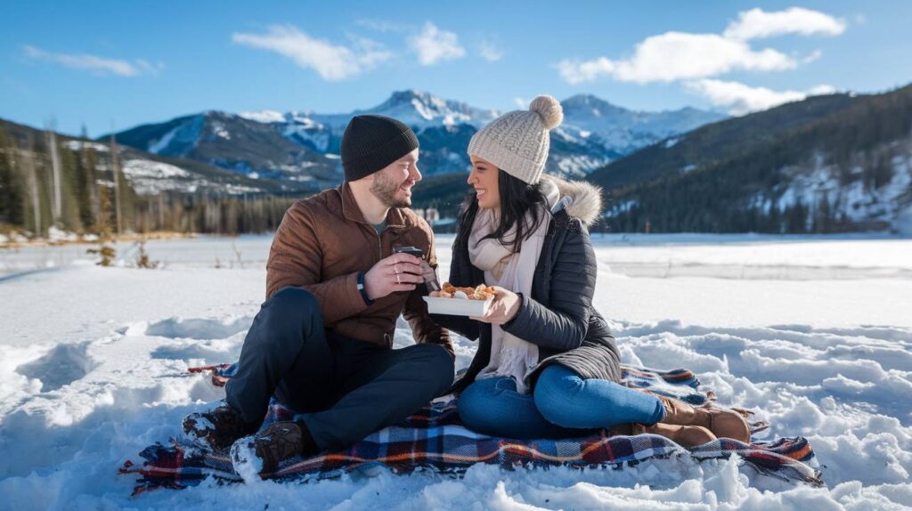 Couple enjoying Winter Wonderland Picnic Engaged couple share snacks and hot cocoa on a plaid blanket amid snowy mountains, bundled in beanies and parkas during a winter picnic.