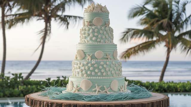 23 Beach Wedding Ideas for the Perfect Oceanfront Celebration 5 a tall luxurious wedding cake with a beachy theme XgOP3EV7R2u6iRjrBXaVMQ yFF8lW SMyVOcqnq0upMg