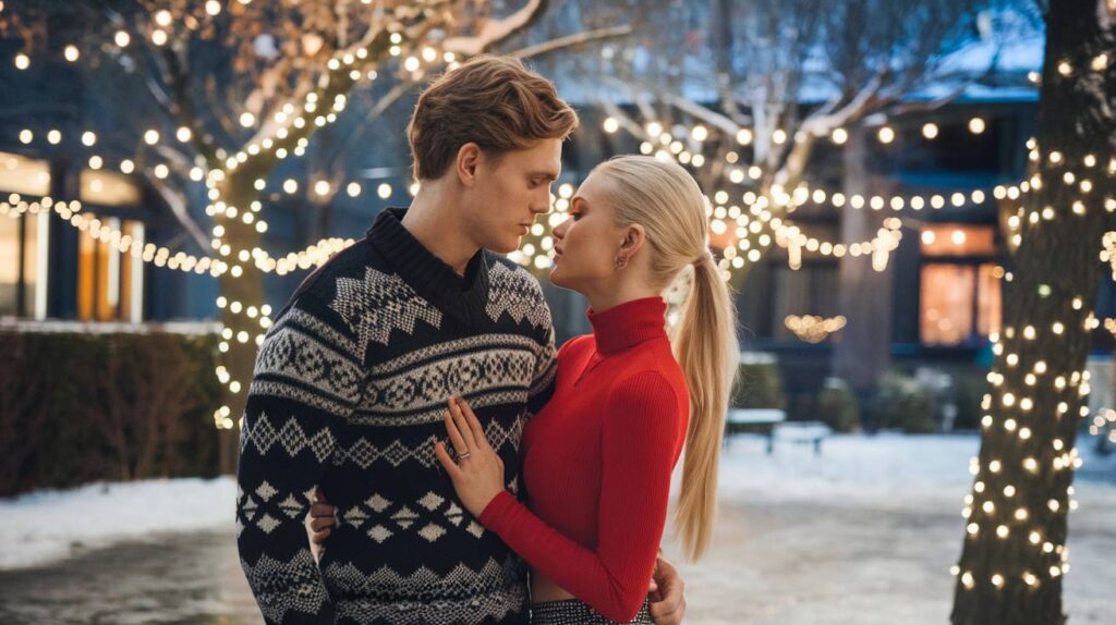 couple taking pictures with Twinkling Holiday Lights Engaged couple embrace under twinkling holiday lights in a snowy courtyard, Fair Isle sweater and red turtleneck adding cozy winter romance.