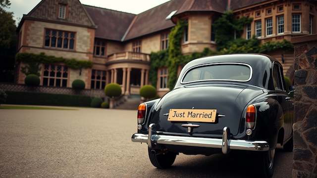 Classic black vintage getaway car with “Just Married” sign parked in front of a grand historic estate, ivy-covered stone façade and manicured gardens creating an elegant timeless wedding exit scene