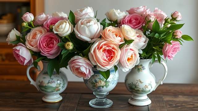 Romantic pastel garden roses in shades of blush, peach, and pink arranged in vintage floral porcelain vases on a wooden table for elegant timeless wedding decor