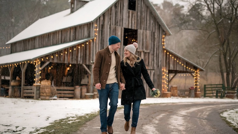 Engaged couple walk hand in hand outside a rustic barn with twinkle lights as light snow falls, wearing beanies and boots for a winter engagement. close up of a newly engaged couple a serene winter