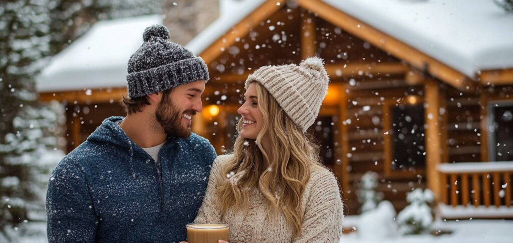 couple-Cozy Cabin Backdrop Smiling engaged couple in knit beanies cuddling with hot cocoa as snow falls in front of a glowing log cabin winter engagement photo