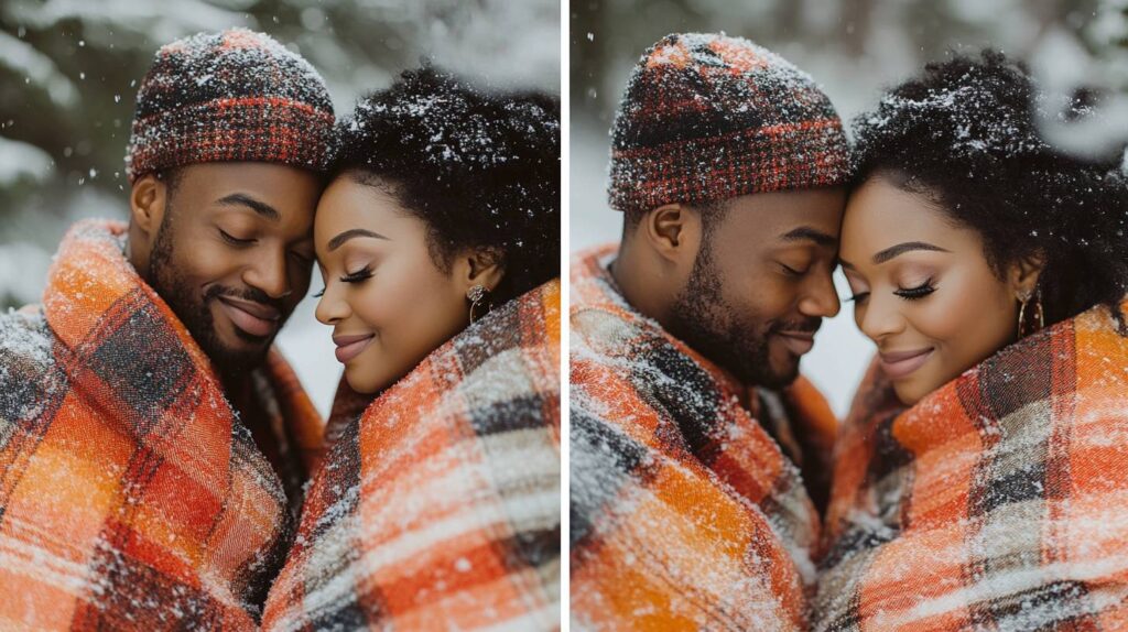 Close up of engaged couple with snow in their hair, wrapped in an orange plaid blanket, foreheads touching, cozy winter pines in soft focus couple Wrapped in a Blanket