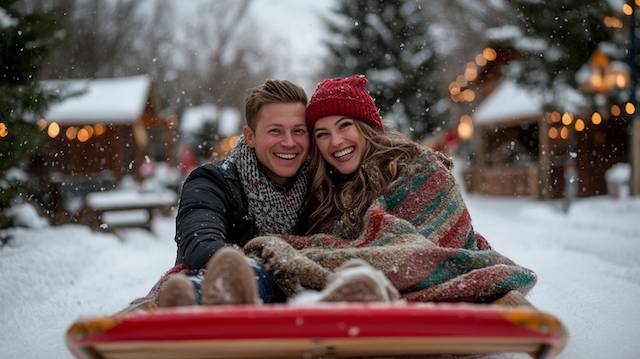 Engaged couple cuddle on a vintage sled under a striped blanket, laughing as snow falls and warm village lights glow in a festive winter scene. couple on Vintage Sled Prop