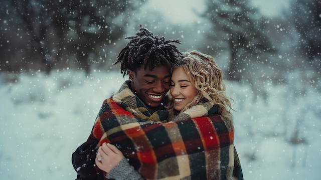 couple taking photo in Plaid Blanket Engaged couple wrapped in a colorful plaid blanket cuddle and smile as snow falls in a serene winter woods backdrop, cozy and romantic.