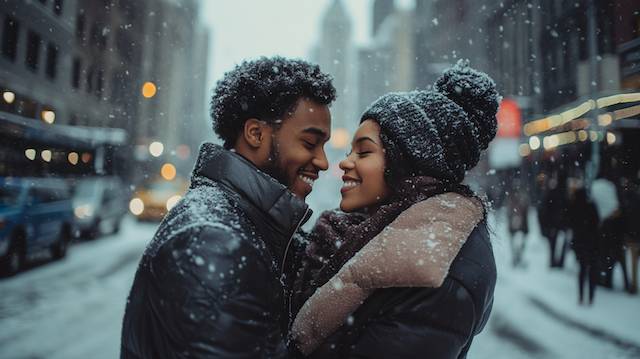 couple taking photo in Snowy Cityscape Engaged couple smile nose to nose on a snowy city street, bundled in knit hat and scarf as soft bokeh lights glow and snowflakes fall around them.