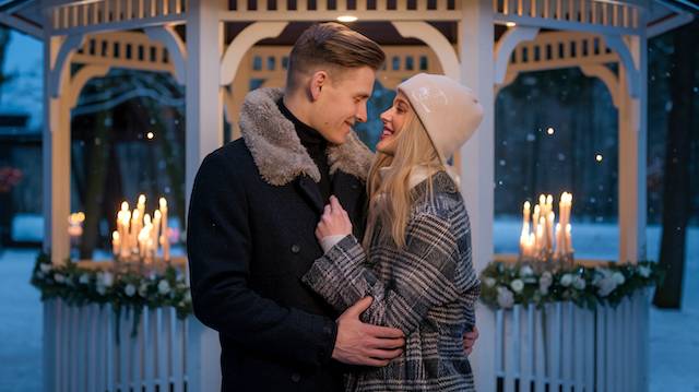 couple taking photo in front of Candlelit Gazebo Engaged couple embrace in a candlelit winter gazebo at dusk as snow falls, wearing cozy coats and a beanie, florals lining the railing.
