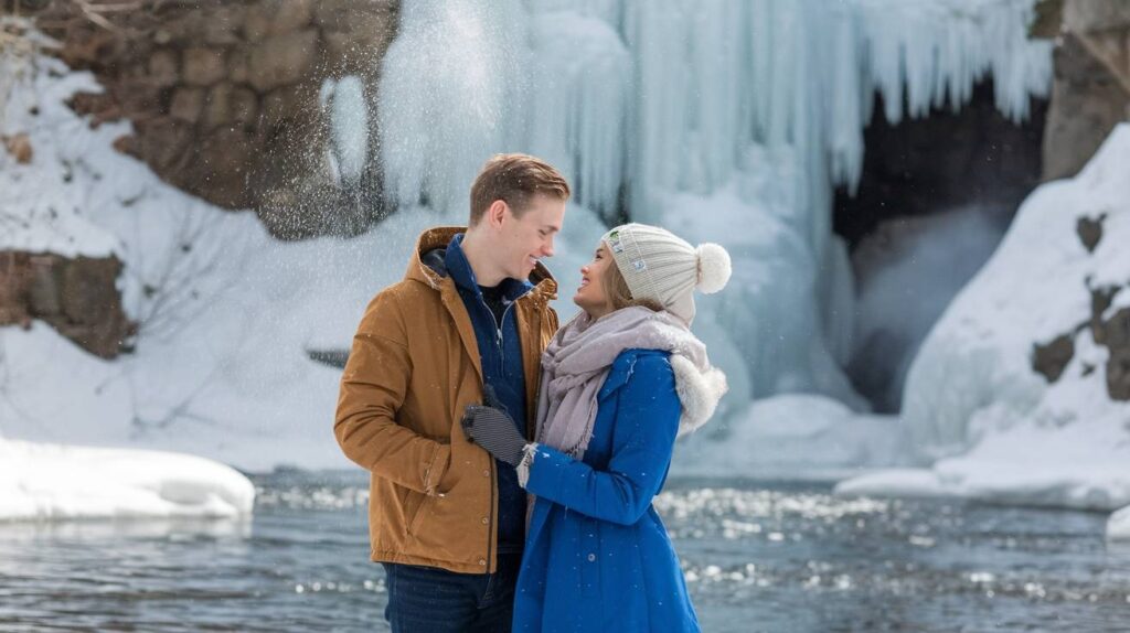 couple taking photo in front of Frozen Waterfall Engaged couple share a warm look by a frozen waterfall, bundled in blue coat scarf and knit beanie as gentle snow falls beside the icy river.