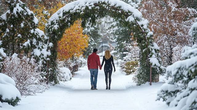 Engaged couple walk hand in hand beneath a snow covered evergreen arch in a winter garden, colorful foliage framing a quiet pathway. couple taking photo under Evergreen Arch (1)