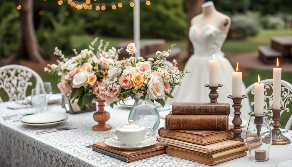 Vintage wedding tablescape with lace tablecloth, antique books, brass candlesticks, pastel rose centerpieces, fine china teacup, and a mannequin in a classic bridal gown in a garden setting.