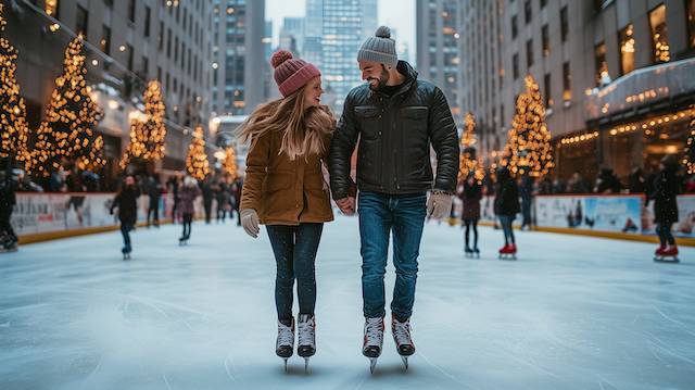 Engaged couple holding hands while ice skating on a city rink, knit beanies and coats, holiday lights and skyscrapers behind. new engaged couple Ice Skating Fun
