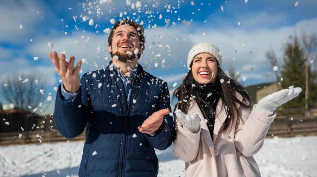 new-engaged-couple-enjoying-tossing-snowflake-conf-RmdhUim4TzWJwB_WFfjf7g-d0ib6TLWQw-DB2-HYc_Jew Joyful engaged couple toss snow into the air on a sunny winter day, bundled in a navy jacket, blush coat, knit hat and gloves.