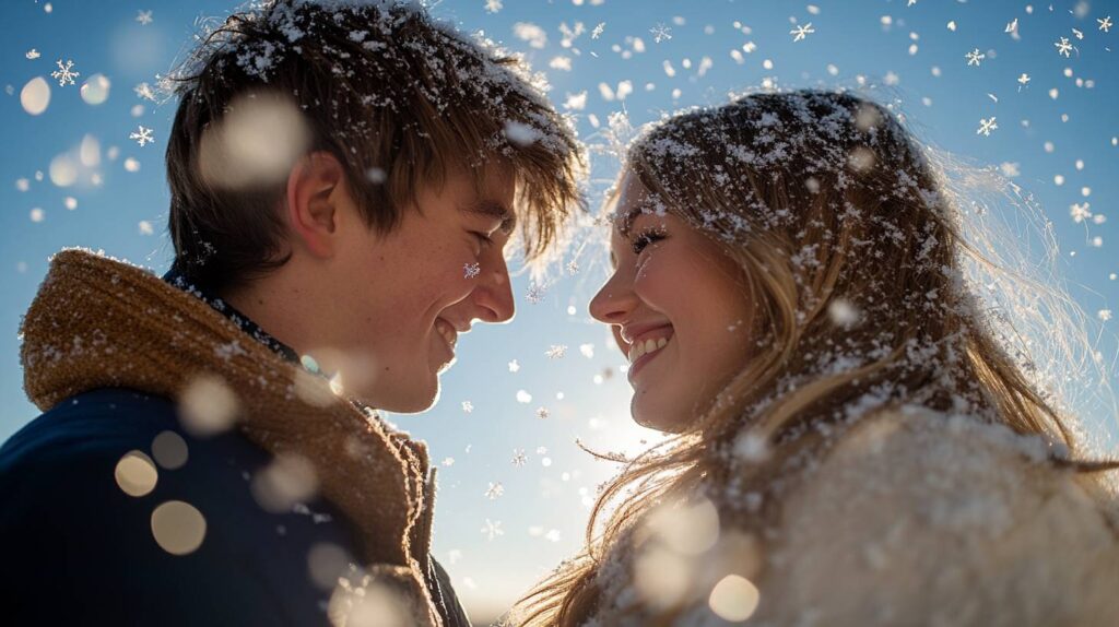 newly engaged couple Snowflake Confetti Close up of smiling engaged couple nose to nose as snowflakes drift around them, backlit by winter sun against a bright blue sky.