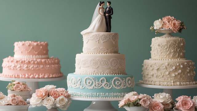 Vintage inspired wedding cakes displayed on white stands, including pastel pink, ivory lace piped, and blue beaded designs with pearl details, topped with classic bride and groom figurine and fresh blush roses