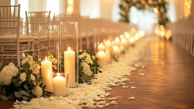 Aisle Decor Ideas Romantic wedding aisle lined with glass hurricanes and pillar candles, white rose petals and lush greenery, leading to a softly lit floral arch