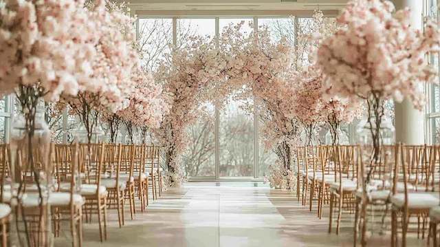 Wedding Decor 27 Indoor wedding ceremony aisle lined with cherry blossom trees and gold chairs, featuring a romantic floral arch and soft natural light for an elegant spring garden look