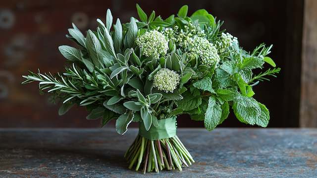 All-green herb bridal bouquet featuring rosemary, sage, and mint, tied with green ribbon for a natural and aromatic wedding look All-Green Bridal Bouquet with Herbs