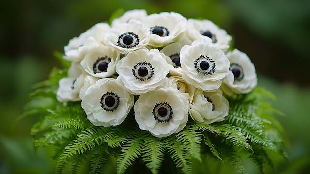 Anemone and Fern Pairing Bridal Bouquet Elegant white anemone bridal bouquet with dark centers arranged over lush green ferns for a modern and nature-inspired wedding look