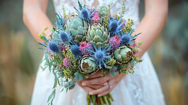 Artichoke and Thistle Bridal Bouquet Artichoke and thistle bridal bouquet featuring globe thistles, pink blooms, and green artichokes for a rustic modern wedding look
