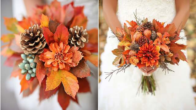 Autumn Leaf Bridal Bouquet Autumn leaf bridal bouquet featuring orange dahlias, pinecones, and golden foliage for a rustic fall wedding look