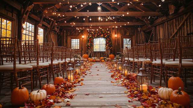 Autumn Leaves Rustic barn wedding aisle with autumn leaves, pumpkins, lanterns, and fall floral arch for cozy seasonal ceremony