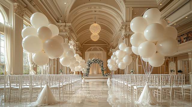 Balloons Grand ballroom wedding aisle lined with white balloon clusters, Chiavari chairs, marble floor, and a floral arch beneath chandeliers
