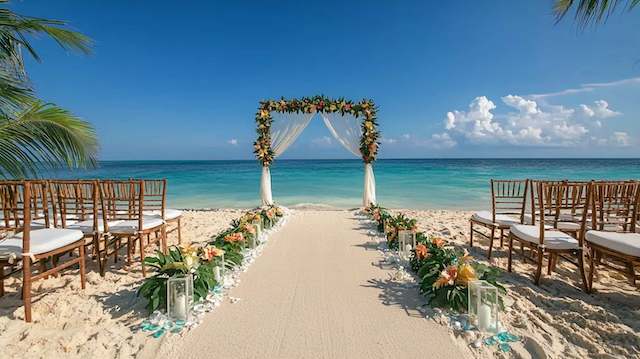 Beach Sand Runner Tropical beach wedding aisle with floral arch, palm trees, turquoise ocean, and tropical flowers for destination ceremony
