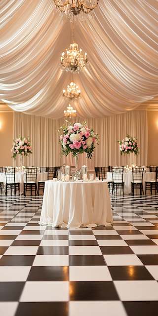 Elegant vintage ballroom wedding reception with black and white checkered dance floor, draped ceiling, sparkling chandeliers, round tables, and tall blush rose centerpieces