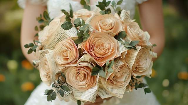 Book Page Bridal Bouquet Book page bridal bouquet crafted from folded paper roses and greenery, creating a romantic literary-inspired wedding look