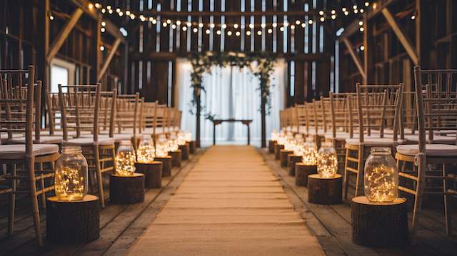 Burlap Runner Barn ceremony aisle with burlap runner, mason jars filled with fairy lights on wood stumps, Chiavari chairs, string lights, greenery arch backdrop