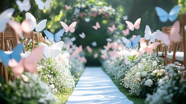 Butterfly Accents White aisle runner lined with white chairs and pastel pink and blue butterfly accents on floral clusters, leading to a romantic outdoor ceremony arch