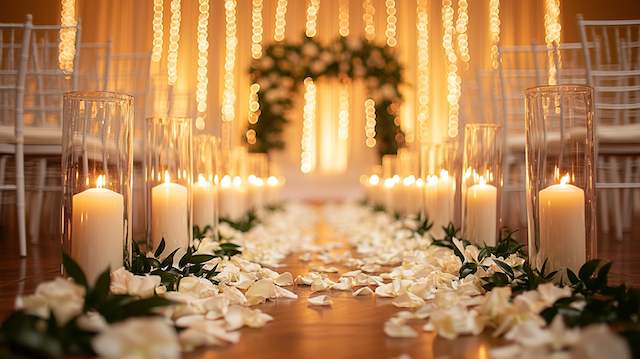 Candlelit Aisle A romantic outdoor ceremony aisle with white chairs, blush ribbon florals, and pastel butterfly accents leading to a lush floral arch