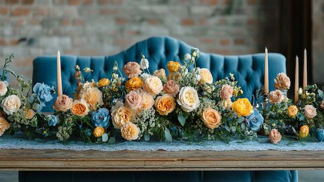Sweetheart table garland of peach and blue roses eucalyptus and taper candles on lace runner before teal tufted backdrop.