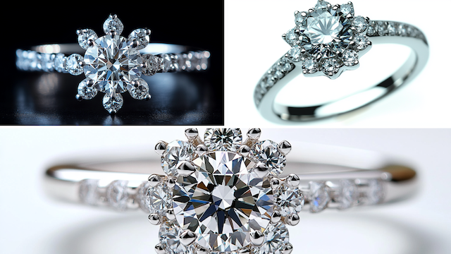 Celestial inspired diamond engagement rings with round brilliant centers, starburst halos, and pavé white gold bands shown in sparkling close ups.