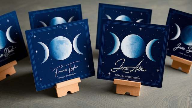 Celestial place cards featuring moon phases on navy cards, displayed on small wooden easels, with elegant script guest names on a tabletop.