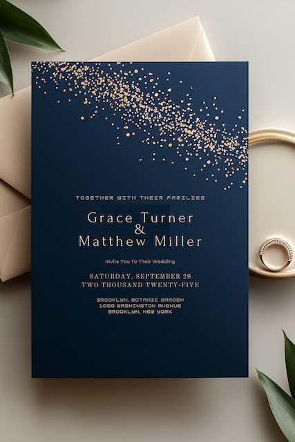 Navy celestial wedding invitation with star confetti, Grace Turner and Matthew Miller, Sept 28 2025, Brooklyn Botanic Garden