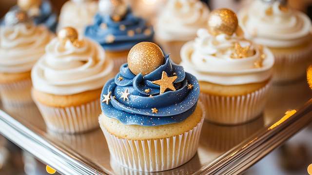 Vanilla cupcakes with navy and ivory swirls topped with gold stars and planet spheres, a celestial wedding dessert display.
